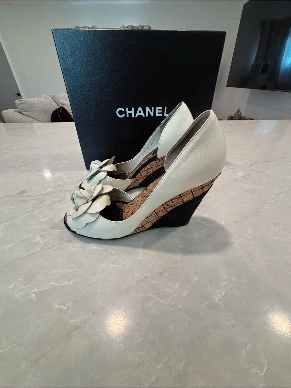 CHANEL Ivory Leather Camellia Peep-Toe Heels - Picture 3 of 5